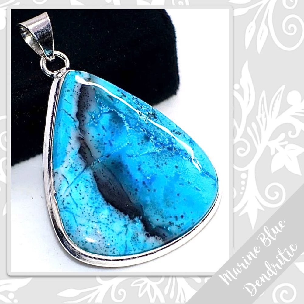 Marine Blue Dendritic Opal Large Silver Artisan Pendant, 2” (Turquoise Blue)
